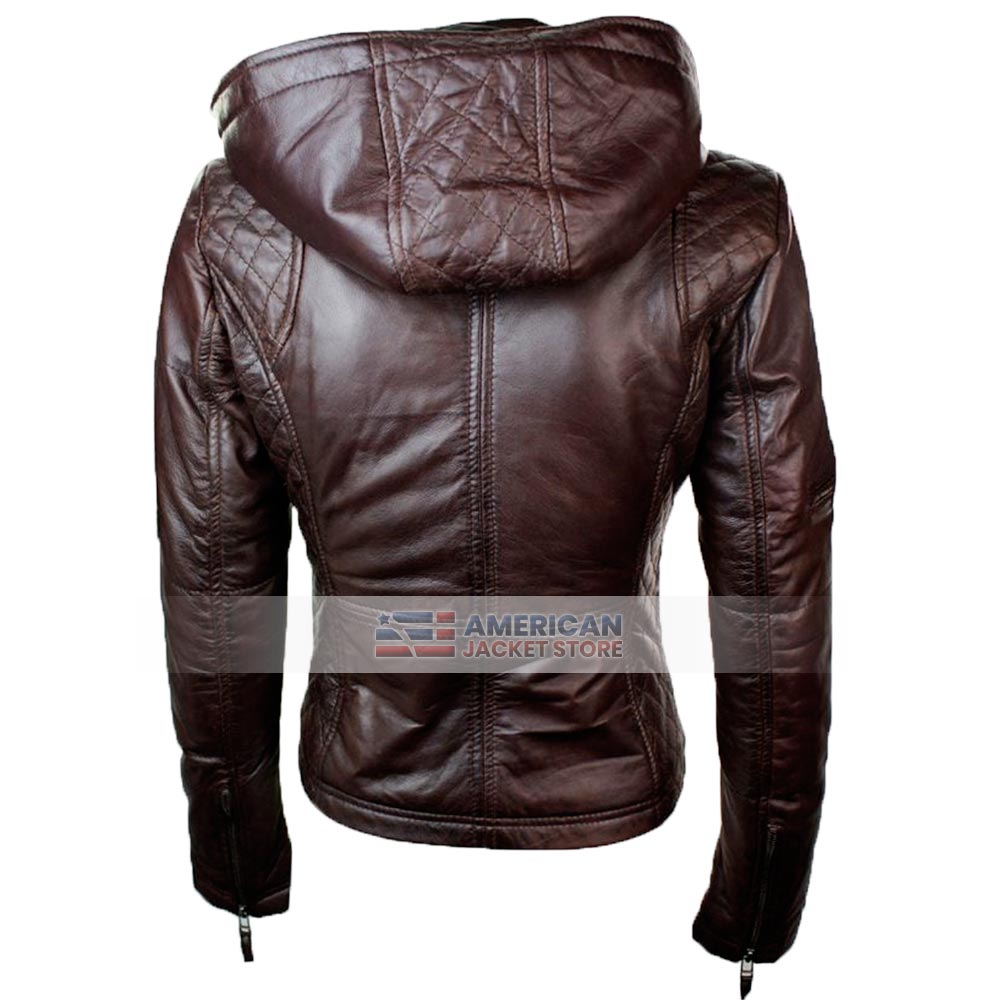 Womens Stylish Brown Hooded Leather Jacket - American Jacket Store