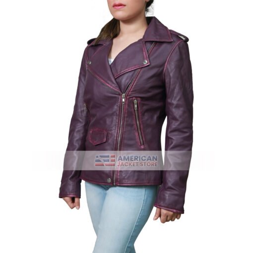 Kluger Women’s Purple Moto Leather Jacket - Image 2