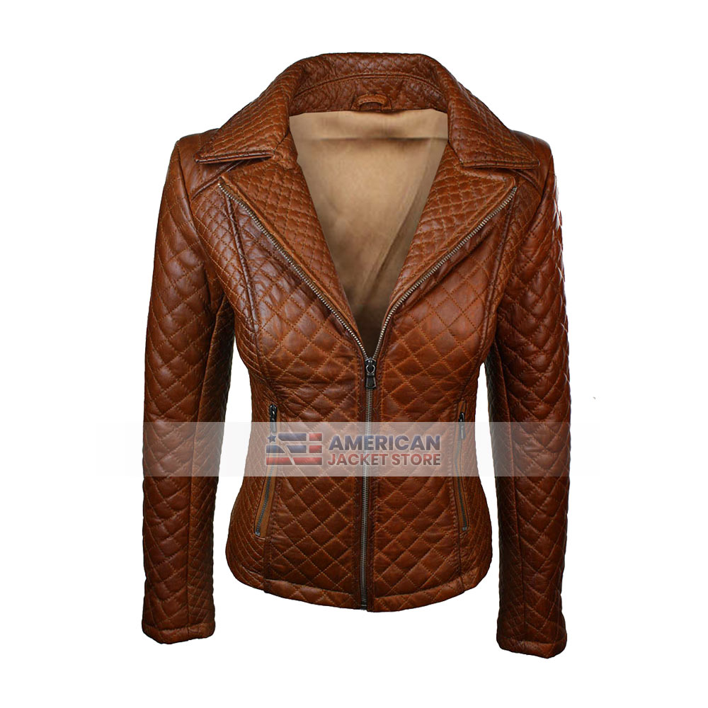 Womens Fashion Tan Quilted Leather Jacket - American Jacket Store