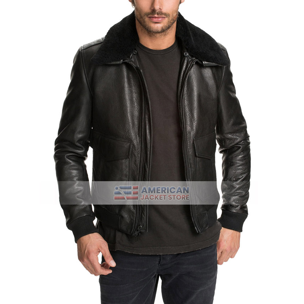 Mens Black Bomber Leather Jacket Shearling Collar - American Jacket Store