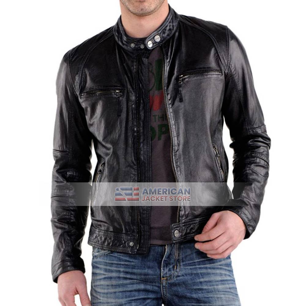 Mens Cafe Racer Moto Leather Jacket - American Jacket Store