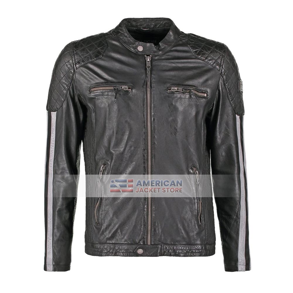 Mens Black and White Straps Motorcycle Leather Jacket