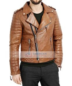 Mens-Tan-Quilted-Biker-Jacket