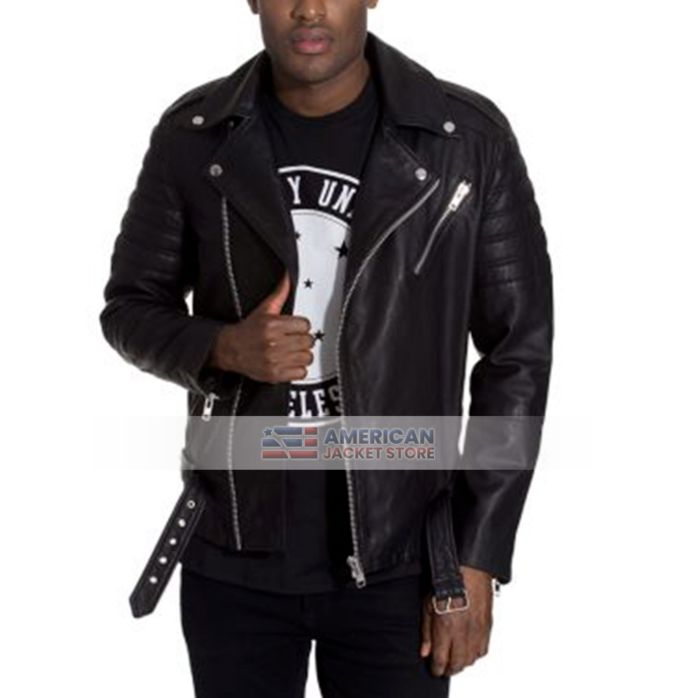 Mens Brando Style Quilted Black Motorcycle Jacket - American Jacket Store