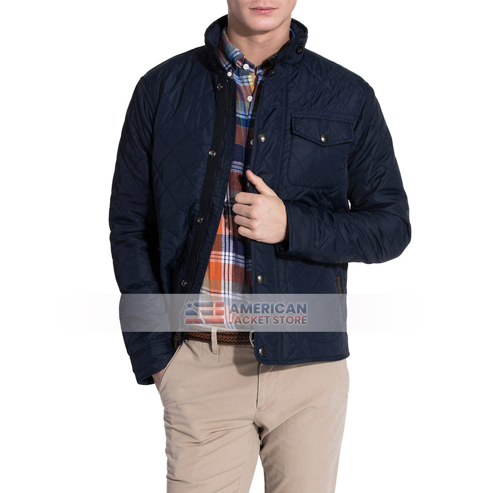 Mens Polyamide Fabric Quilted Blue Cotton Jacket - American Jacket Store