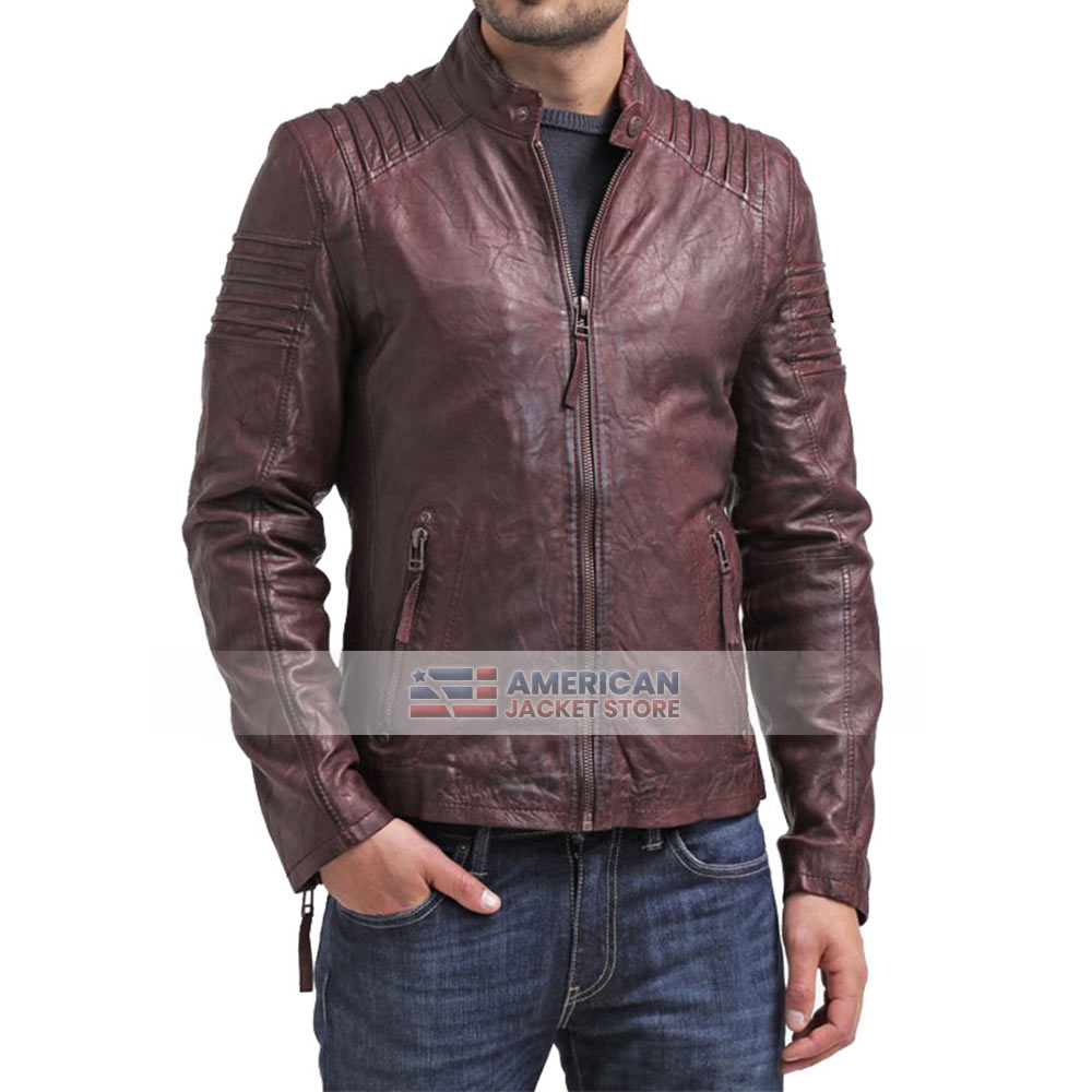 Mens Copper Burgundy Biker Leather Jacket - American Jacket Store
