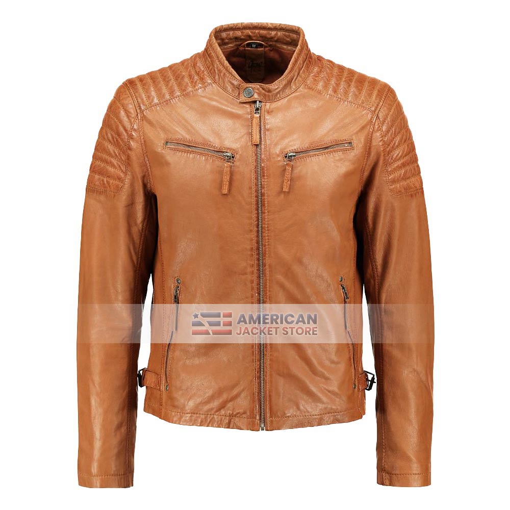 Mens Racer Tan Sheepskin Biker Leather Jacket - American Jacket Store