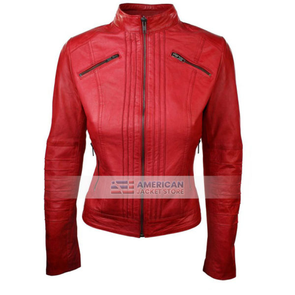 Womes Classic Lambskin Biker Red Leather Jacket - American Jacket Store