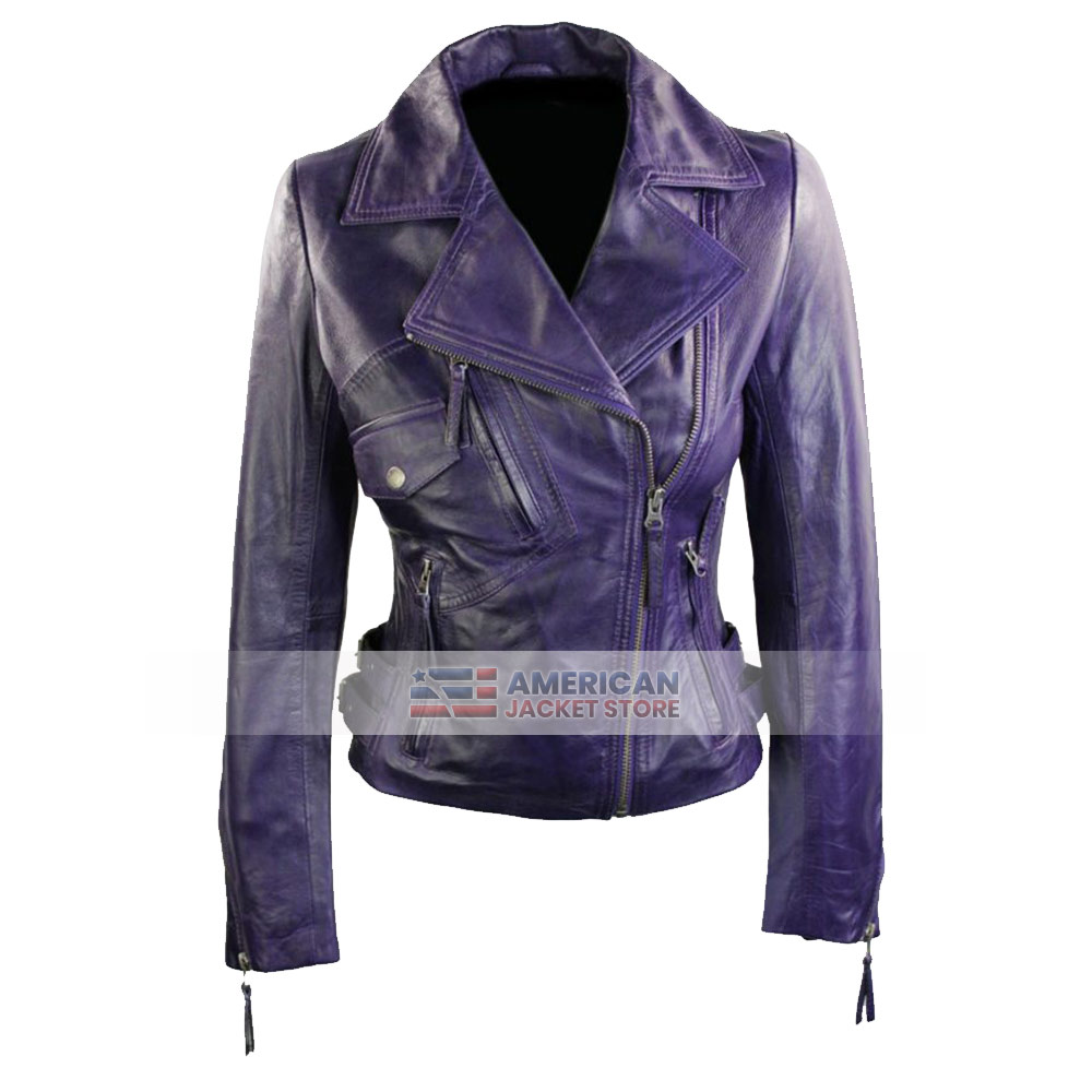 Purple Short Fitted Womens Motorcycle Leather Jacket - American Jacket ...
