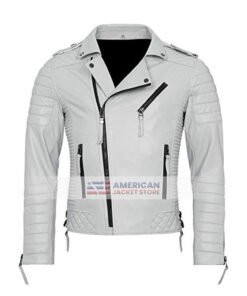 Men's Michaels White Quilted Biker Motorcycle Leather Jacket