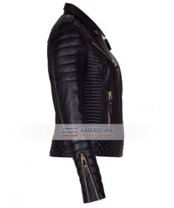 Women Slim Fit Diamond Quilted Real Lambskin Leather Black Biker Jacket
