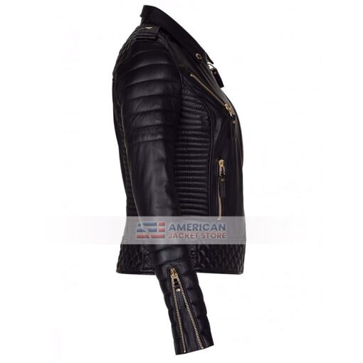 Women Slim Fit Diamond Quilted Real Lambskin Leather Black Biker Jacket