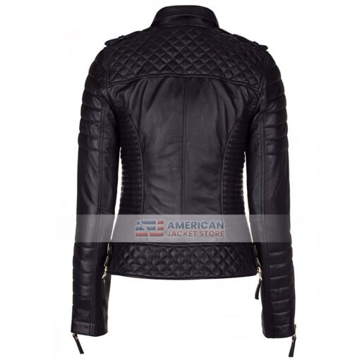 Women Diamond Quilted Leather Black Biker Jacket