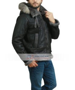 B3 Raccoon Fur Hooded Real Sheepskin Shearling Leather Jacket