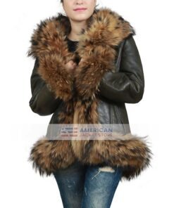 Womens Raccoon Fur Brown Leather Jacket