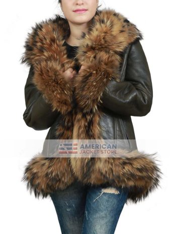 Womens Raccoon Fur Brown Leather Jacket
