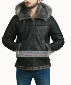 B3 Raccoon Fur Hooded Shearling Leather Jacket
