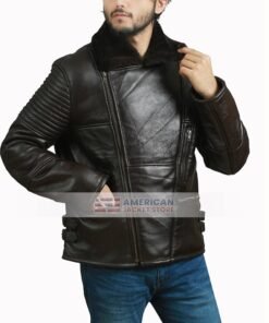 Mens Aviator Fur Shearling Black Bomber Leather Jacket