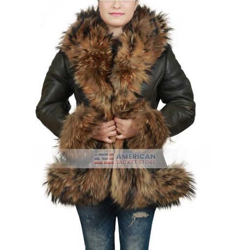 Womens Raccoon Fur Real Sheepskin Leather Jacket