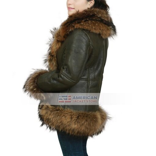 Womens Raccoon Fur Real Sheepskin Brown Leather Jacket