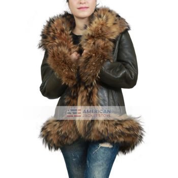 Womens Raccoon Fur Real Sheepskin Brown Leather Jacket