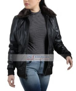 Kristen Casual Slimfit Black Shearling Collar Leather Jacket