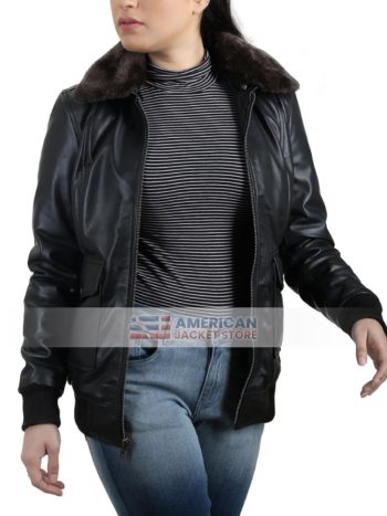 Kristen Casual Slimfit Black Shearling Collar Leather Jacket