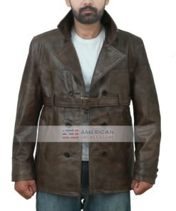 Affleck Distressed Belted Brown Leather Jacket Coat