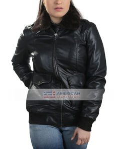 Womens Kristen Casual Slimfit Black Shearling Collar Leather Jacket