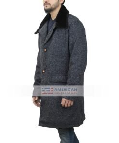 Hugh Mens Winter Grey Wool Trench Coat with Shearling Collar
