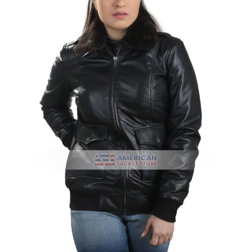 Womens Kristen Casual Slimfit Black Shearling Collar Leather Jacket