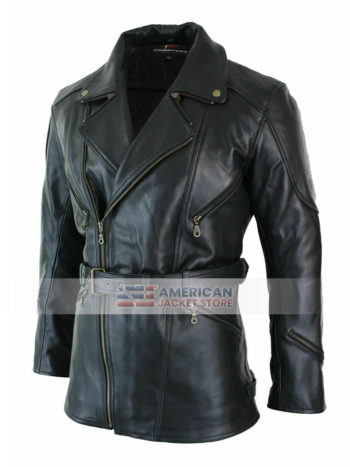 Mens Black Long Length Leather Jacket for Mens