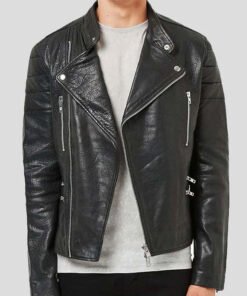 Black Leather Biker Jacket for Men's Fashion Wear