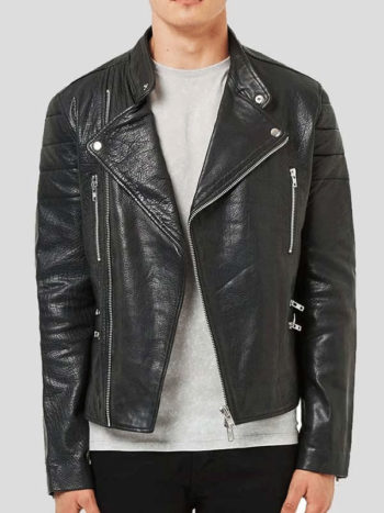 Black Leather Biker Jacket for Men's Fashion Wear
