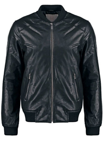 Solid Black Men's Leather Bomber Jacket