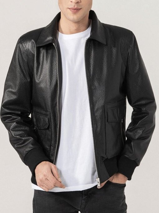 Black Bomber Leather Jacket For Men