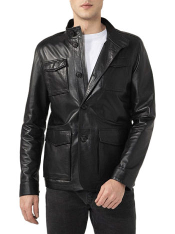 Flap Pocket Black Leather Jacket for Men