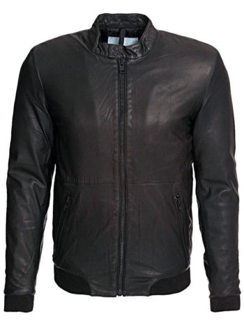 Slim Fit Leather Bomber Jacket Black for Men