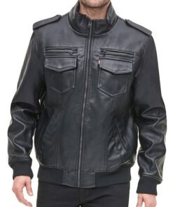 Black Aviator Bomber Leather Jacket