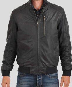 Leather Bomber Jacket For Men's Standing Collar
