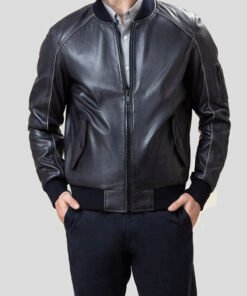 Rib Knitted Collar Black Leather Bomber Jacket