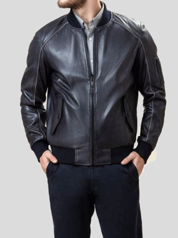 Rib Knitted Collar Black Leather Bomber Jacket