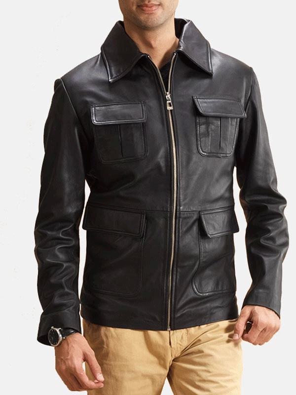 Men's Black Leather Jacket with Four Flap Pocket