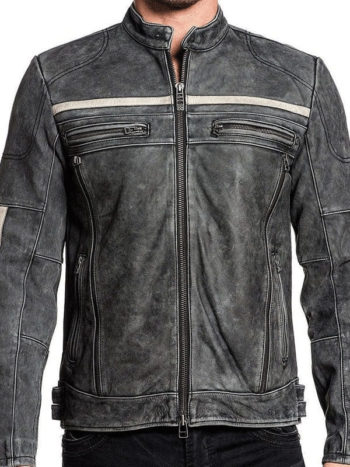 Distressed Gray Leather Biker Jacket For Men