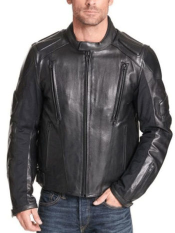 Black Padded Biker Leather Jacket for Men