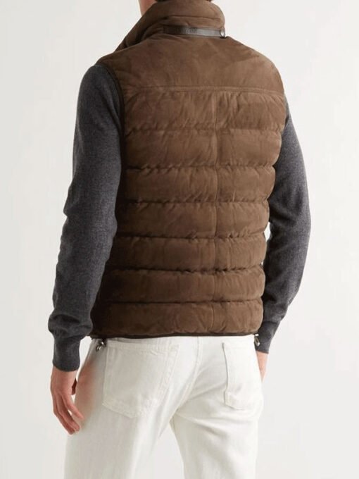 Brown Leather Puffer Vest For Men