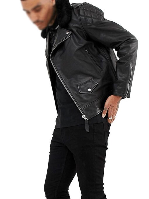 Jacket with Fur Collar for Men Black Biker