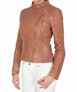 Brown Quilted Leather Jacket For Women