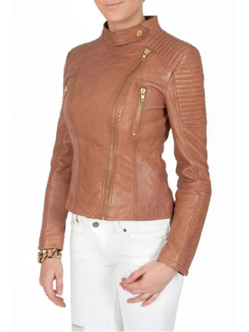 Brown Quilted Leather Jacket For Women