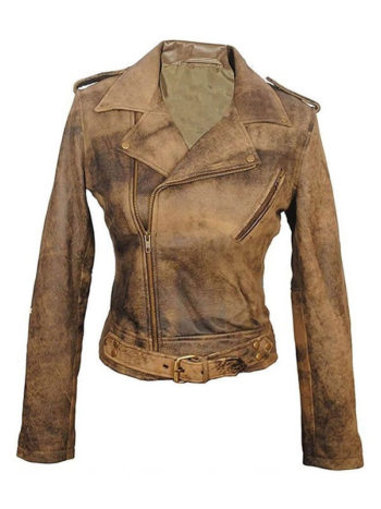 Distressed Biker Leather Jacket For Women